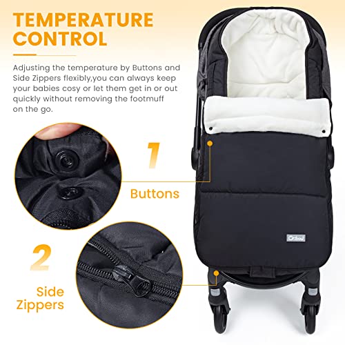 Image of Orzbow Footmuff for Stroller, Weatherproof Anti-Kick Universal Toddler Sleeping Bag,Removable Warm Coral Fleece Lined Stroller Bunting Bag Footmuff（Black）