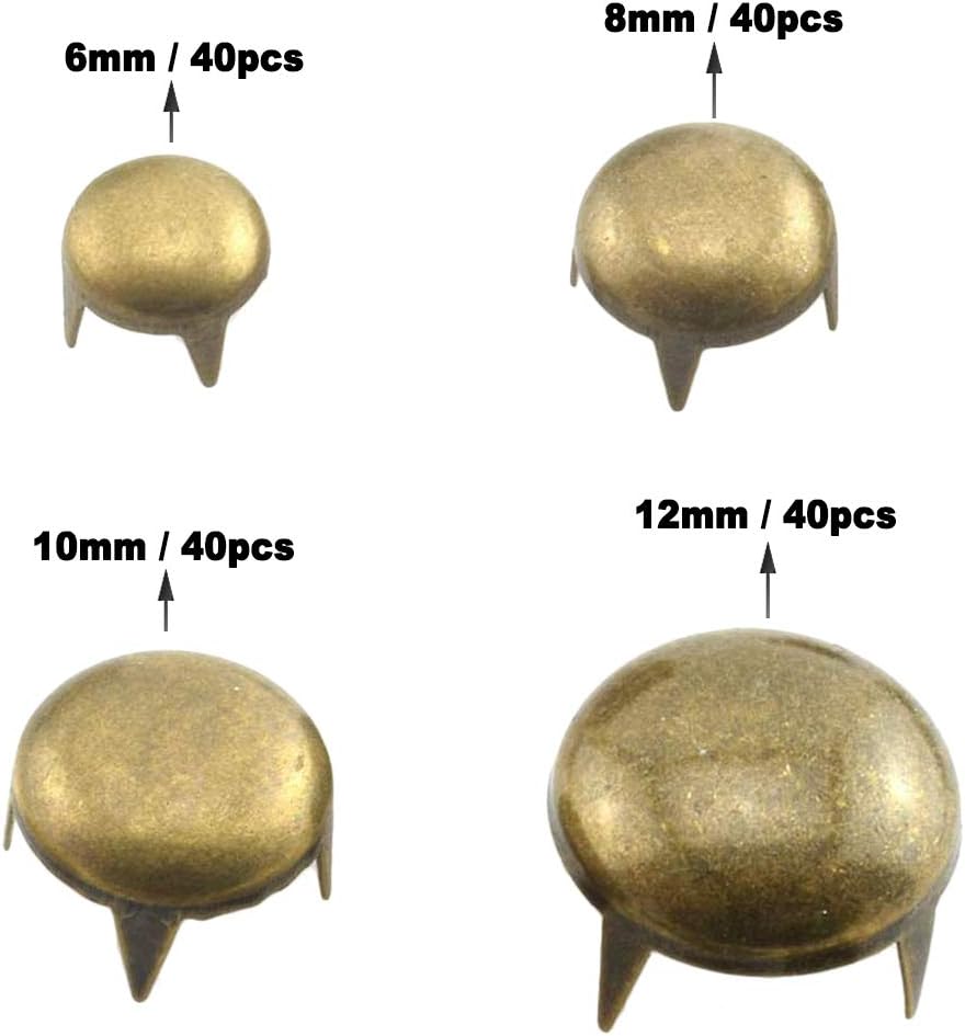 ACTENLY 160pcs Bronze DIY Nailhead Round Dome Studs Assorted Kit Leathercraft Rivet Metal Punk Spikes Spots for Punk Rock Leather Craft Clothes Belt Bag Shoes Jewelry Decorations 6/8/10/12mm
