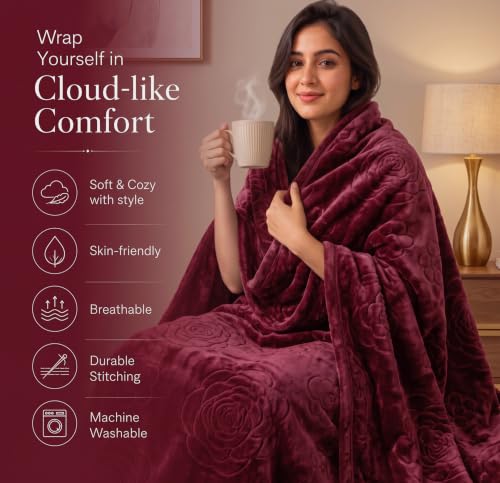 Image of VAS COLLECTIONS 280 GSM Micromink Blanket, Premium Soft Warm Cozy Blanket, Plush Double Bed Blanket, Ultra Soft Comfortable Bedding, Embossed Floral Design, 82 x 86 Inches (208 x 218 cm) - Wine Red