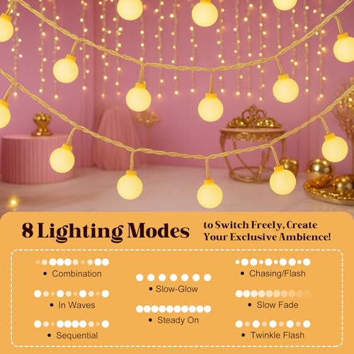 String Lights for Bedroom, 200 LED Globe Plug in Fairy Lights, 66FT Connectable Warm White Twinkle Lights with 8 Lighting Modes, Cozy Bed & Wall Decor, Waterproof for Outdoor Use