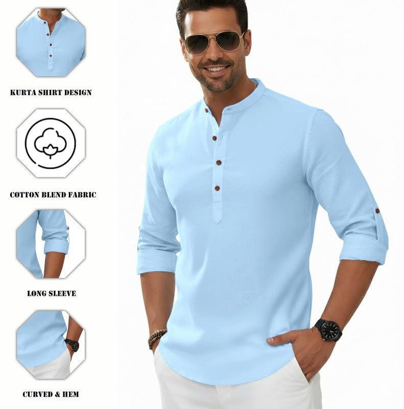 Image of Macsivo Men's Cotton Blend Solid Short Kurta with Regular Lenth Mandarin Neck Full Sleeves and roll-up tab| Kurta Style Shirt for Men