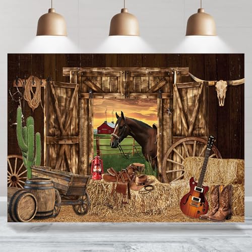7x5ft Western Cowboy Backdrop Western Cowboy Party Photography Background Wild West Vintage Wooden House Barn Door Decor for Portrait Kids Boy Western Birthday Party Banner Supplies Photo Props by Duiduiren - Used condition - US$11.46