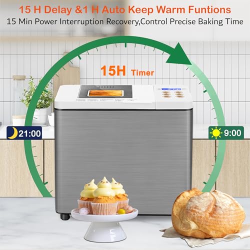 19-in-1 Stainless Steel Bread Maker Machine With Gluten-Free Setting, Quiet Bread Machine Smart Dual-Heaters, Auto Breadmaker With Nonstick Pan, 15H Timer&1H Keep Warm, Best Recipes for Sourdough - Thumbnail 6