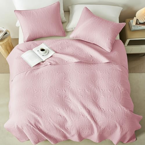 akkialla Full/Queen Quilt Set,Pink Lightweight Bedspread with Coin Pattern, Soft Microfiber Coverlet for All Seasons, Contemporary Decorative Bedding (1 Quilt, 2 Pillow Shams)
