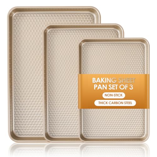 Baking Sheet Pan Set Of 3, Nonstick Carbon Steel Cookie Sheets With Texture, Commercial Half/Quarter/Jelly Roll Pans Replacement Toaster Oven Tray, Heavy Duty & Easy Clean, Champagne Gold