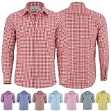 German Wear Trachtenhemden für Herren mit Langen Ärmeln, klassisches Karomuster, hochwertige bayerische Mode mit Hirsch-Stickerei und kardieten Ärmeln Rot- Small