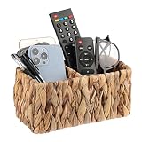BTSKY Handwoven Remote Control Holder for Table, Natural Water Hyacinth Remote Organizer Caddy Small Wicker Storage Basket, 2-Compartment Office Supplies Desk Organizer Rustic Makeup Brushes Holder