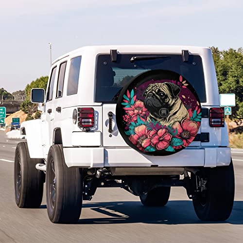 Image of Delerain Spare Tire Cover with Backup Camera Hole Pug with Flowers Wheel Covers Sun Protection Waterproof for Jeep Truck RV Trailer SUV and Many Vehicle (14 Inch for Diameter 23 inch-27 inch)