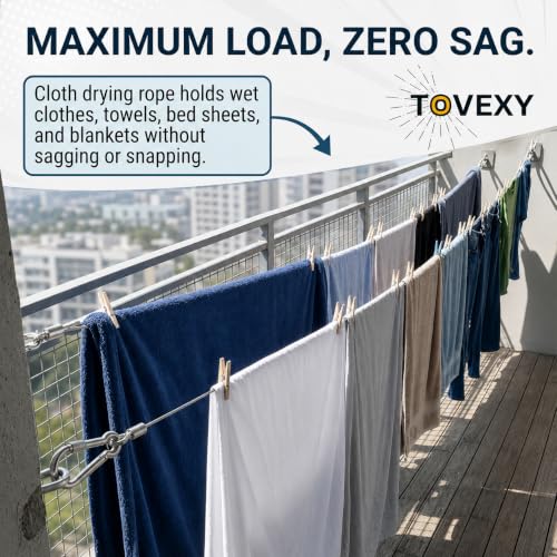 Image of Heavy Duty Stainless Steel Clothes Drying Rope 10 Meter with Hooks | Strong Rust Resistant Clothesline for Balcony, Bathroom, Travel & Camping | Cloth Drying Wire Indoor & Outdoor Use