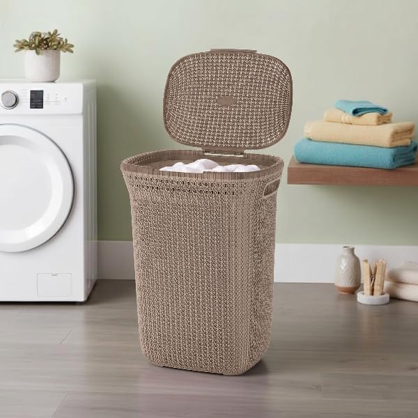 Image of KITCHIVO Plastic Large 55 Ltr Laundry Basket with Lid & Handle | Multipurpose Hamper Bins Storing Washable Clothes, Blankets | Household Ideal for Home & Bathroom (Marriott Cream Laundry Basket)