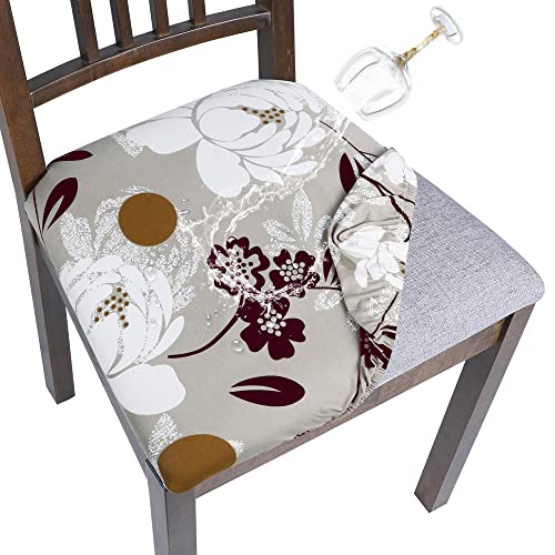 Image of SearchI Water Repellent Seat Covers for Dining Chairs, 6 Pack Jacquard Stretch Dining Room Chair Seat Covers, Kitchen Chair Seat Covers Protectors(Brown Flower)