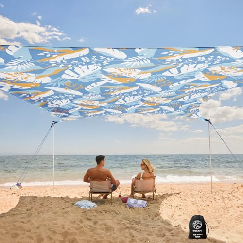 Image of WEKAPO Beach Tent Sun Shelter - Easy Setup Beach Canopy with 4 Sturdy Poles, Large Sandbags and Shovel, 7'1'' Tall, Windproof Sun Shade for Backyard and Camping, UPF 50+ Protection