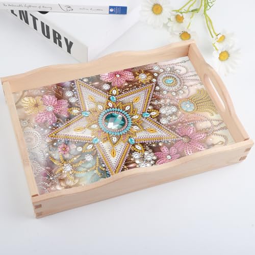 Image of DIY Diamond Art Tray with Handle Diamond Art Painting Plate Creative Design Handmade Wooden Tray Mosaic Making Kits by Number Kits Diamond Art for Coffee Living Room Home Organizer (Five-Pointed Star)