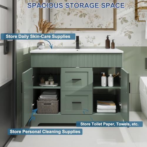 Image of eclife 42 inch Bathroom Vanities Sink Combo with Painted Surface, Modern Drawered Cabinet W /Decorative Wave Lines, Undermount Single White Sink, Matte Black Faucet Drain, Gray Green