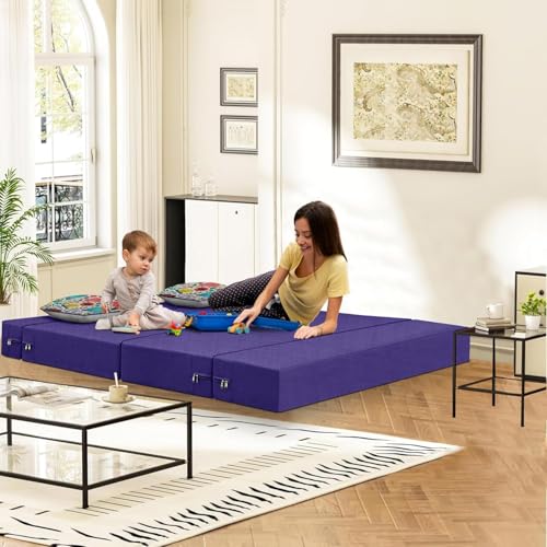 Image of Rosebell Foldable 2 Seater Sofa Cum Bed, Sofa Bed 4X6 Feet, Jute Fabric- Washable Cover- Including Two Cushion Perfect for Home & Office-Purple Color