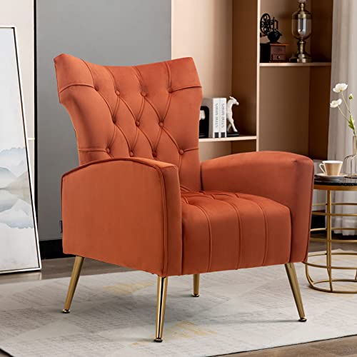 Artechworks Velvet Button Tufted Accent Arm Chair Single Sofa Upholstered With Modern Metal Gold Legs High Wingback For Living Room Club Bedroon Reading Room Office, Patio, Caramel Color, Burnt Orange #TOP2