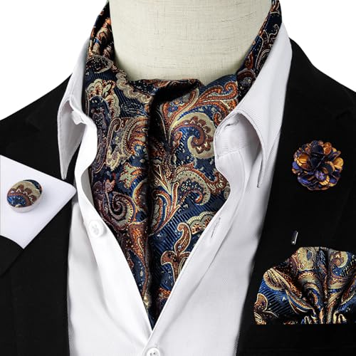 Image of DiBanGu Mens Silk Ascot Ties Paisley Jacquard Woven Cravat and Pocket Square Cufflinks with Lapel Pin for Business Wedding