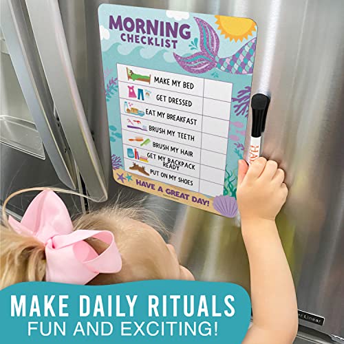 Image of Magnetic Morning & Bedtime Routine Chart for Kids - Customizable Toddler Daily Schedule Board with Dry Erase Surface, Stickers & Marker, Build Habits with Visual Checklists, Mermaid Theme