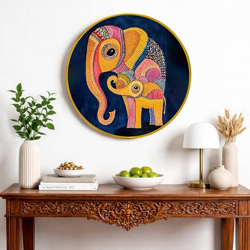 Image of Modern Abstract Elephant Gond Round Framed Wall Art Painting For Living Room | Indian Folk Vastu Elephant Wall Art Painting With Frame for Home, Bedroom & Office, 16 Inch