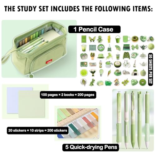 Image of HVOMO Stationery Set,1 large-capacity pencil case,5 quick-drying pens,50 waterproof stickers,2 sticky note pads(200 sheets),1 set of 10-color index labels (200 sheets),Student stationery gift(Green)