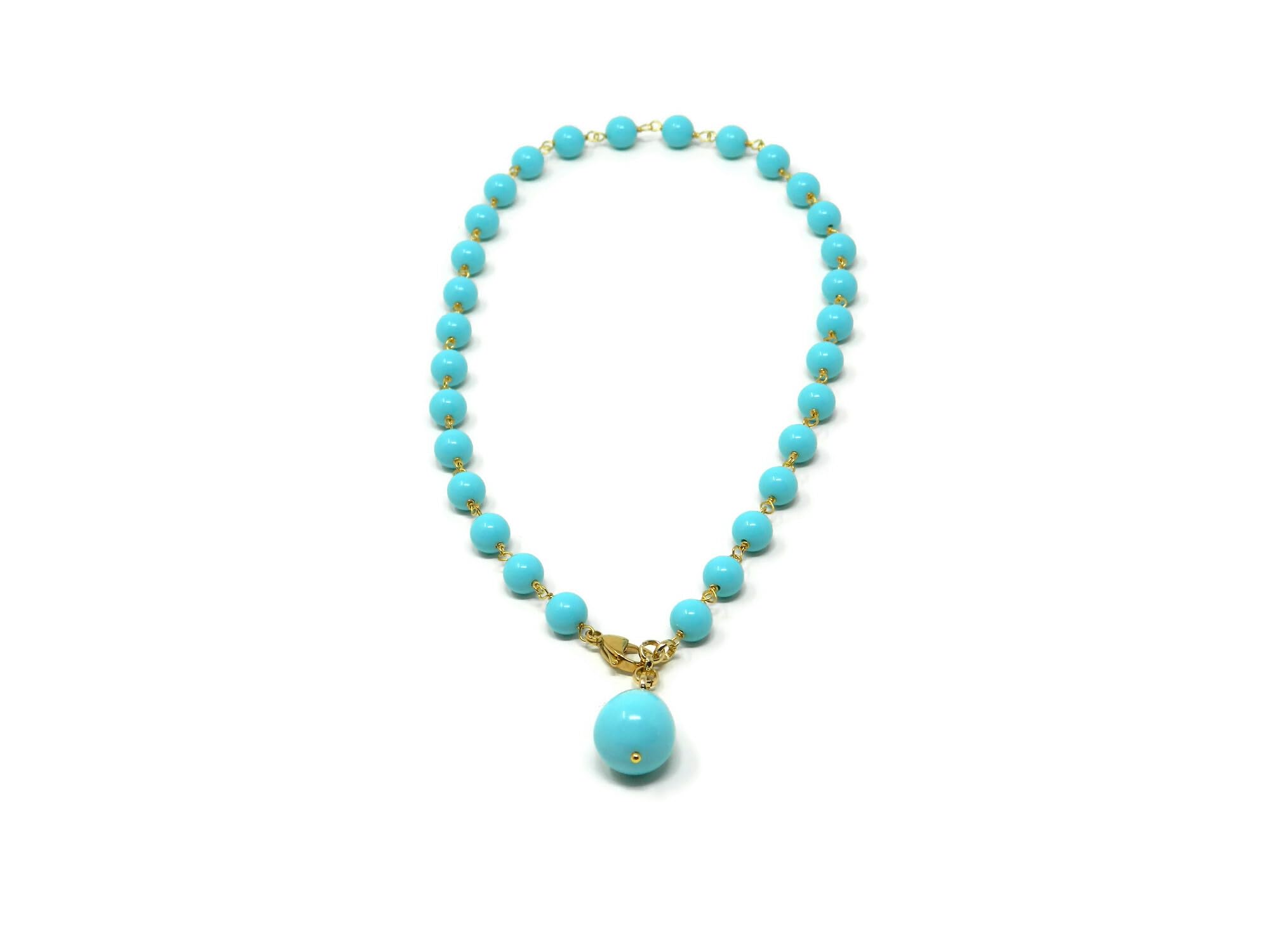 DodiGioielli Collana Girocollo Donna con Palline Lisce 8 mm e Ciondolo Goccia in Pasta di Turchese – Catenella e Chiusura Dorata – 49 cm – Gioielli Artigianali Made in Italy – Nichel Free