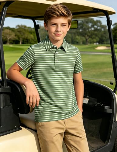 Cuddomper Boy Polo Stripe Shirt Size 13-14 Olive Short Sleeve Golf Top - image 2