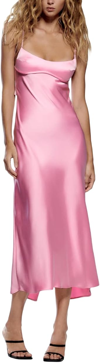 Women Satin Spaghetti Strap Sleeveless Long Maxi Dress Solid Color Silky Slip Backless Hollow Out Cocktail Dress Summer Wear