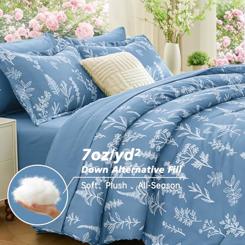 Image of MUXHOMO Ice Blue Full Comforter Set, Elegant Floral Print Bed in a Bag 7 Pieces, Ultra Soft & Breathable Reversible Botanical Pattern Bedding Set with Comforter, Sheets, Pillowcases, and Shams