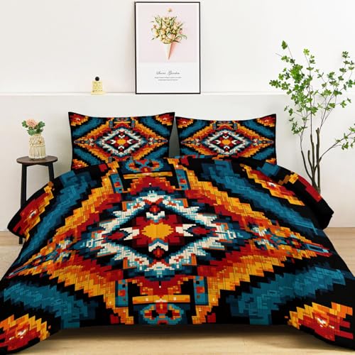 Edredon Nordico 220 x 240 cm con 2 Fundas de Almohada 50 x 75 cm, Edredón Reversible Suave de 4 Estaciones Indio Geométrico Retro Arte - Juego de Cama Estampado Naranja-Amarillo