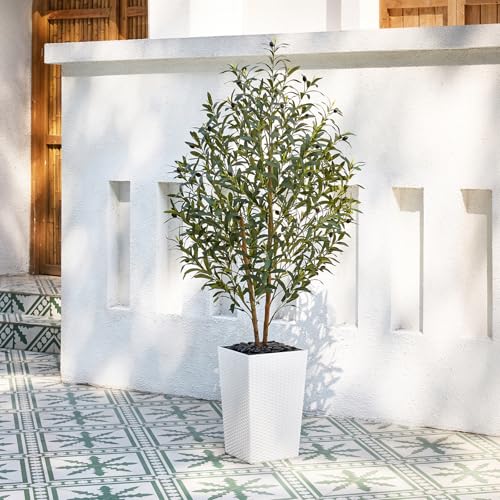 Artificial Olive Tree 5FT Faux Olive Tree - Adjustable Branches UV Resistant with White Taper Planter and Pebbles - Faux Plants Indoor for Living Room, Office Decor and Bedroom - Image 3