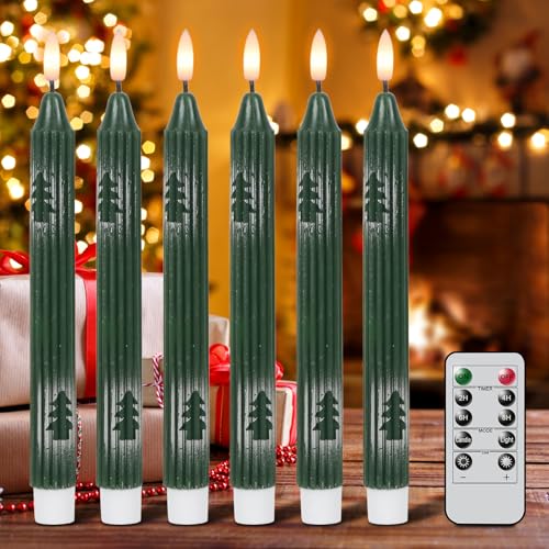 Image of Christmas Flameless Candlesticks, Green Flameless Taper Candles with Remote Timer, 6 Pack LED Tall Candlesticks Battery Operated Real Wax for Christmas Indoor Decorations(0.78 inch x 9.76 inch)
