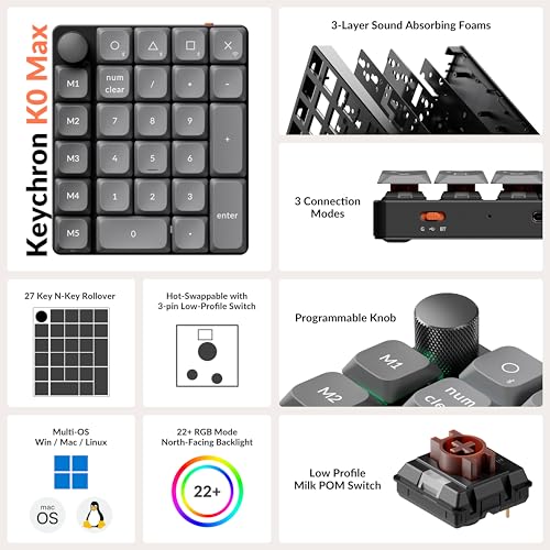 Image of Keychron K0 Max QMK Wireless Custom Numeric Key, 2.4 GHz, Bluetooth Wireless, Wired Compatible, QMK Programmable, RGB Light, Hot Swap Compatible, PBT Key Cap, Mac Windows Linux, Black, Keychron Milk
