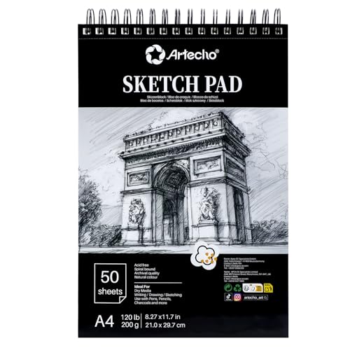 Artecho Skizzenbuch A4, 50 Blatt, Zeichenblock 200 g/m², Sketchbook für Sketch, Lernen, Drawing, Künstlerbedarf für Künstler, Gebunden
