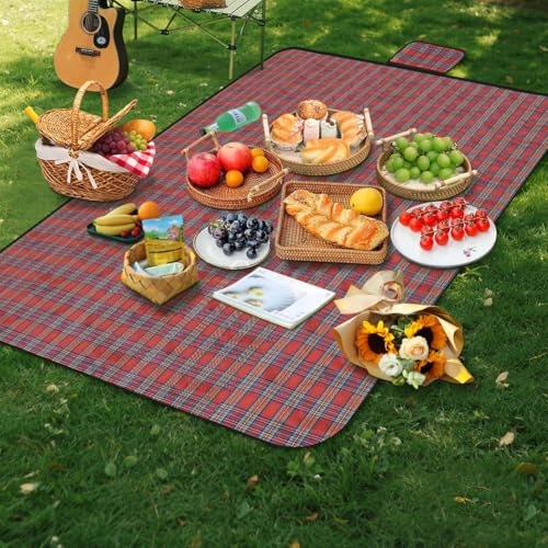 Alaoo Picknickfilt, 150 x 200 cm, strandpicknickfilt vattentät, bärbar, vikbar strandmatta, tvättbar picknickfiltar för 2–4 för utomhusbruk, camping, strand, park, picknick (röda ränder)
