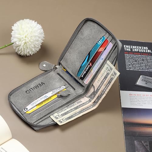 Image of VEMILIO Denim Chain Wallet for Men & Women- Rounded Design with 5 Card Slots | 2 Secret Compartments | 2 Cash Pockets | Zipper Coin Pocket (Grey)