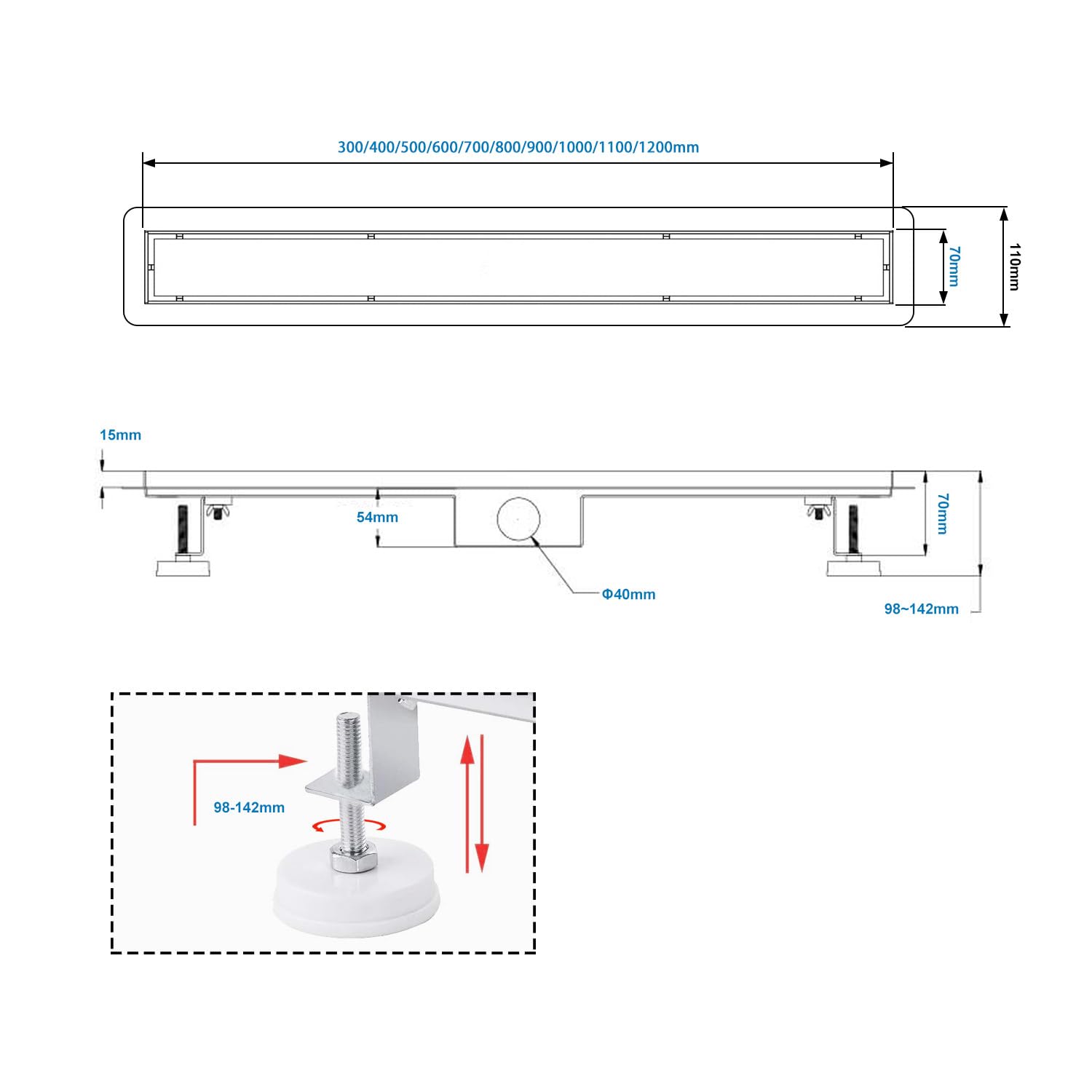 Caniveau Acier Inox 60cm, Drainage Rapide avec Siphon Bloc-odeur et Filtration Cheveux