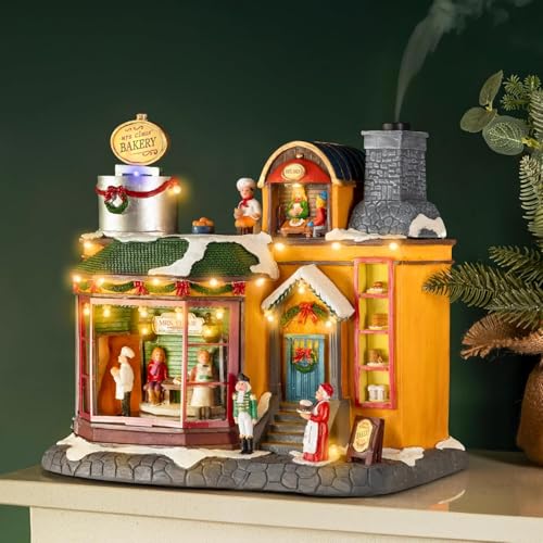 Garden Mile Musical Christmas Village Scene Battery Operated Light Up Christmas Decoration with Moving Parts Xmas Ornaments For Home Table Centrepiece Mantlepiece Bakery Diffuser