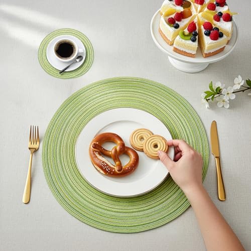 Set of 6 Premium Woven Placemats and Coasters, Heat-Resistant & Non-Slip Braided Table Mats for Kitchen Dining Table, Easy Clean Placemat Set for Home, Restaurant (Green, Set of 6 with coasters) - Image 6