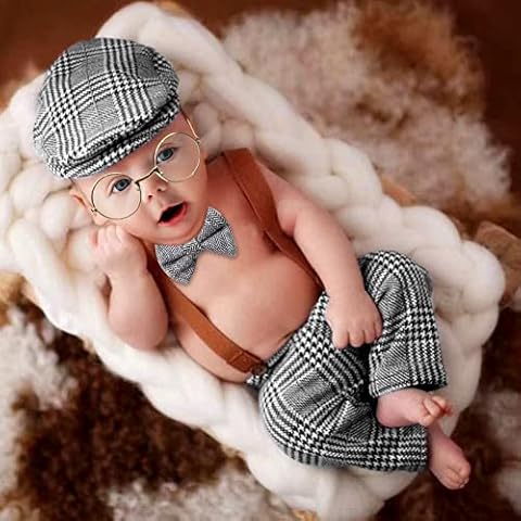 SPOKKI 4 Pcs Newborn Baby Photo Props, Lattice Rompers Suspender Pants with Beret Glasses Bow Tie for Infant Boys' Costumes, Newborn Boy Photography Outfit Set (Grey) Cover