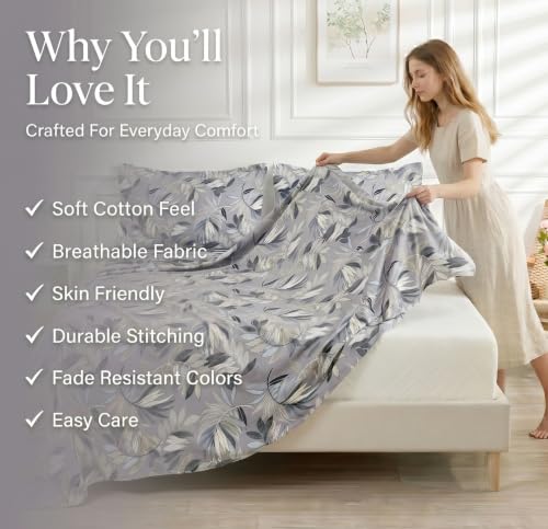 Image of BSB HOME 210 TC Cotton Feel Double Bedsheet with 2 Pillow Covers, Soft & Breathable Floral Printed Bed Sheet, Easy Care Bedding for Bedroom - 86 x 88 Inches (218 x 224 cm) (Slate Grey)