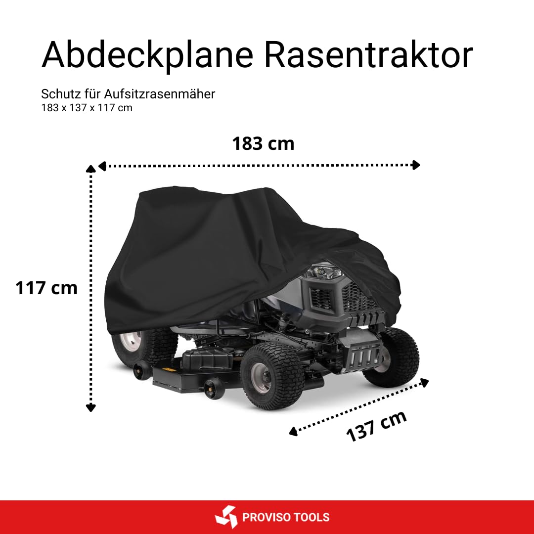 PROVISO TOOLSAbdeckplane Rasentraktor 183x137x117 cm, Aufsitzrasenmäher Abdeckung Wasserdicht – 420D Oxford Schutzhülle für Aufsitzmäher, Rasenmäher Traktor & Anhänger, Garage Zubehör, Schwarz