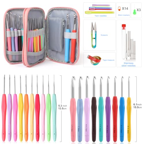 Image of Vodiye 21 Sizes Ergonomic Crochet Hooks Set 0.5-10.0mm with Case, Soft Grip Crochet Needles for Crocheting Comfort