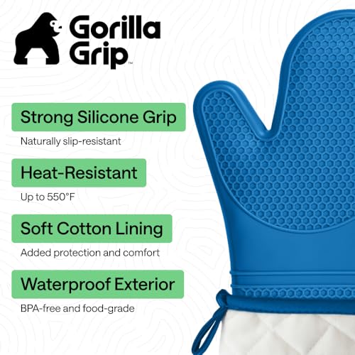 Image of Gorilla Grip Premium Silicone Slip Resistant Oven Mitt Set, Flexible Gloves, Heat Resistant Kitchen Cooking Mitts, Protect Hands from Hot Surfaces, Cookie Sheets, 14.5 Inches, True Aqua Pair, Set of 2