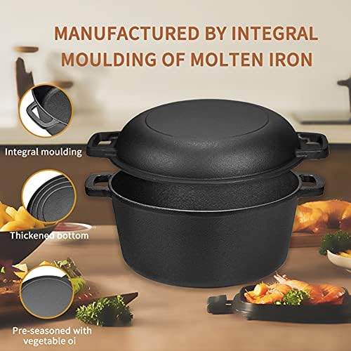 Velaze Dutch Oven Pre-Seasoned Cast Iron Camping Casserole Pot 5QT with Dual Function Skillet Lid for frying, baking, Roasting, Braising BBQ Suitable for All hob Types