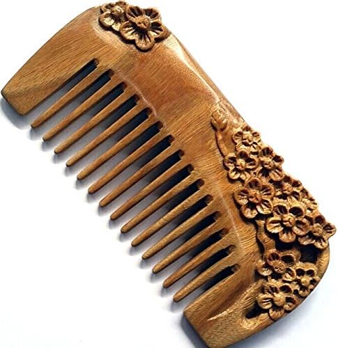 JMJ Natural green sandalwood/verawood handmade wood comb, hair comb, one sided carved - no snags, no tangle, no static (Plum blossom)