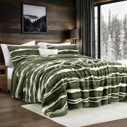 Image of Wonderful 3 Pieces Fluffy Faux Rabbit Fur Comforter Set Queen Size, Dark Green Plush Fuzzy Bedding Set, Animal Stripes Design Warm Soft Comforter Bedding Set for All Season,90 inchx94 inch