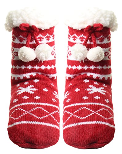 Winter-Weight Thermal Fleece-Lined Cozy Crew Socks Kids Size 6-8 Red