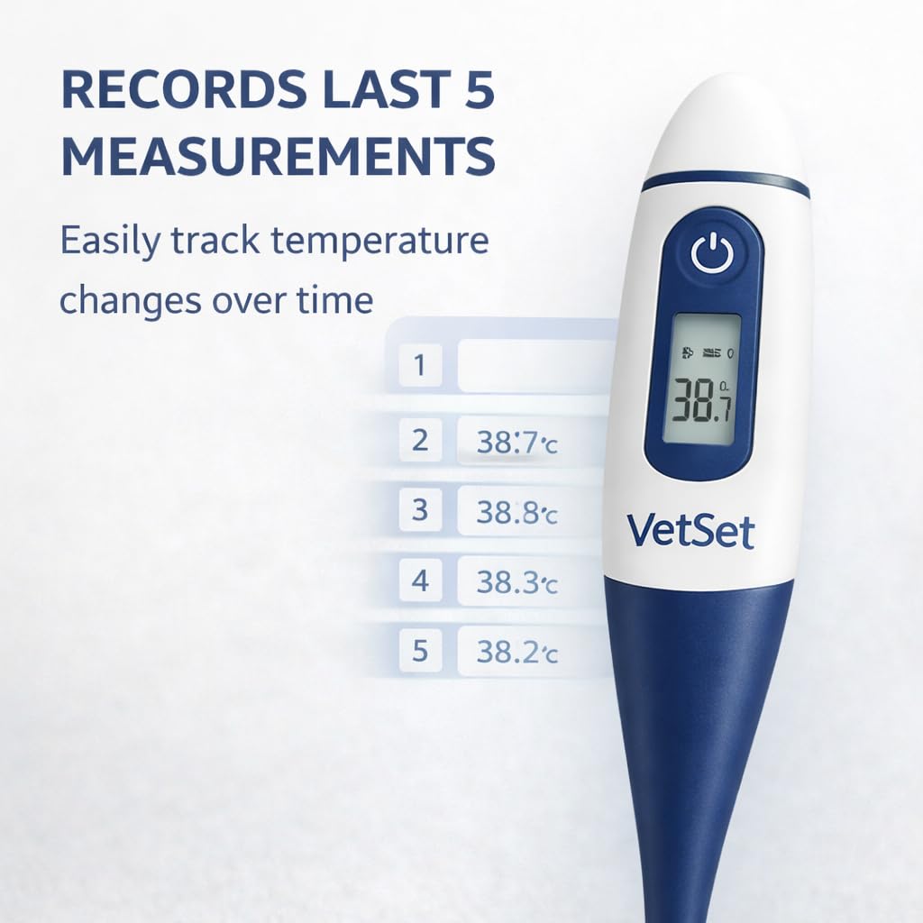 Digitales Veterinärthermometer für Pferde, Hunde, Katzen, Rinder, Nutztiere | Flexible wasserdichte Spitze | Schnelle genaue Messwerte | Aufzeichnung der letzten 5 Temperaturen | 60 Sekunden Messzeit