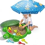 VROGTIK Turtle Sandbox with Lid & Umbrella, 38" Kids Sandbox with Beach Toys Set, Safe Sensory Play Sand Box for Toddlers, Indoor Outdoor Backyard Summer Gift for Ages 3-8