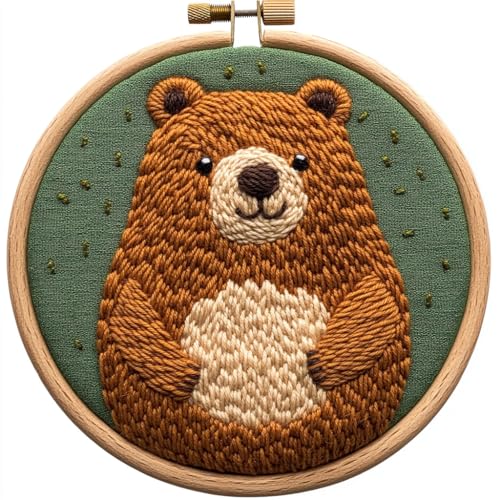Image of DIY Punch Needle Kits Cartoon Cute Brown Bear with Hoop 20x20cm-1 | with Pattern Stamped Easy for Beginners Embroidery Punch Needle Starter Craft Set for Adults Festival Gift and Decoration